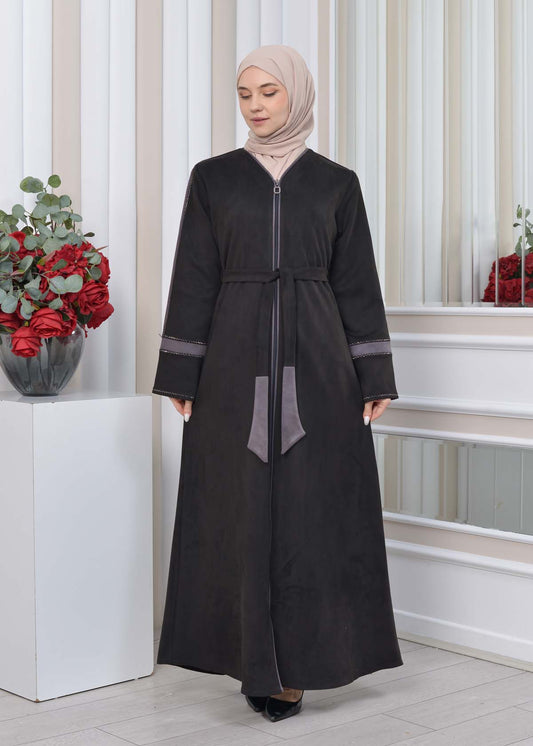 Elegante Wildleder-Abaya mit Reißverschluss 1352 - Anthrazit