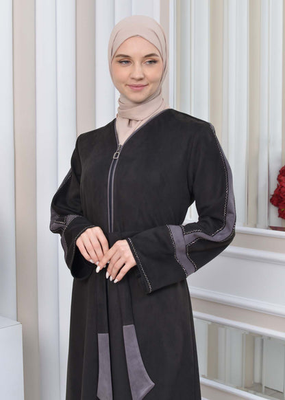 Elegante Wildleder-Abaya mit Reißverschluss 1352 - Anthrazit