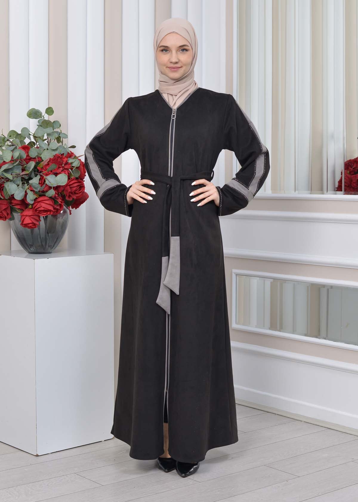 Elegante Wildleder-Abaya mit Reißverschluss 1352 - Grau
