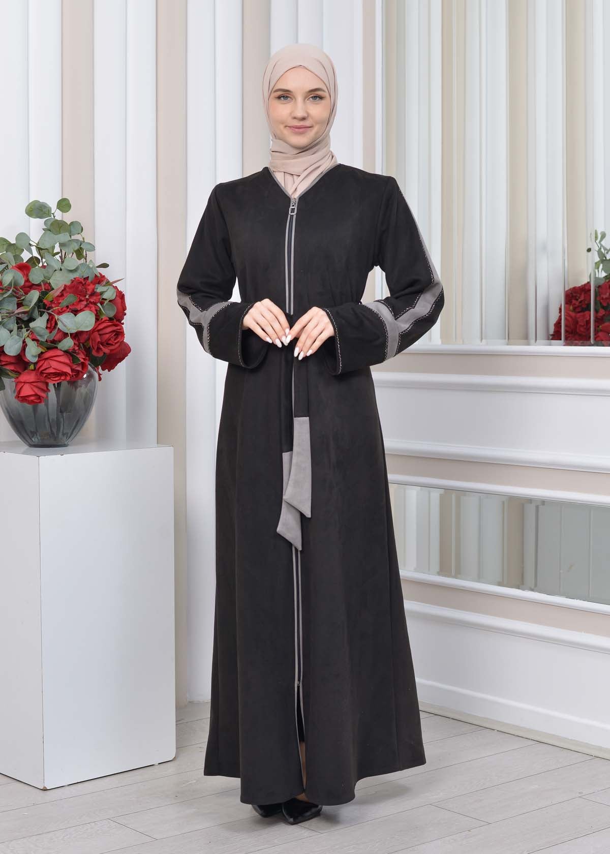 Elegante Wildleder-Abaya mit Reißverschluss 1352 - Grau