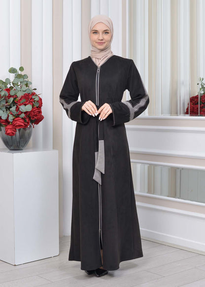 Elegante Wildleder-Abaya mit Reißverschluss 1352 - Grau