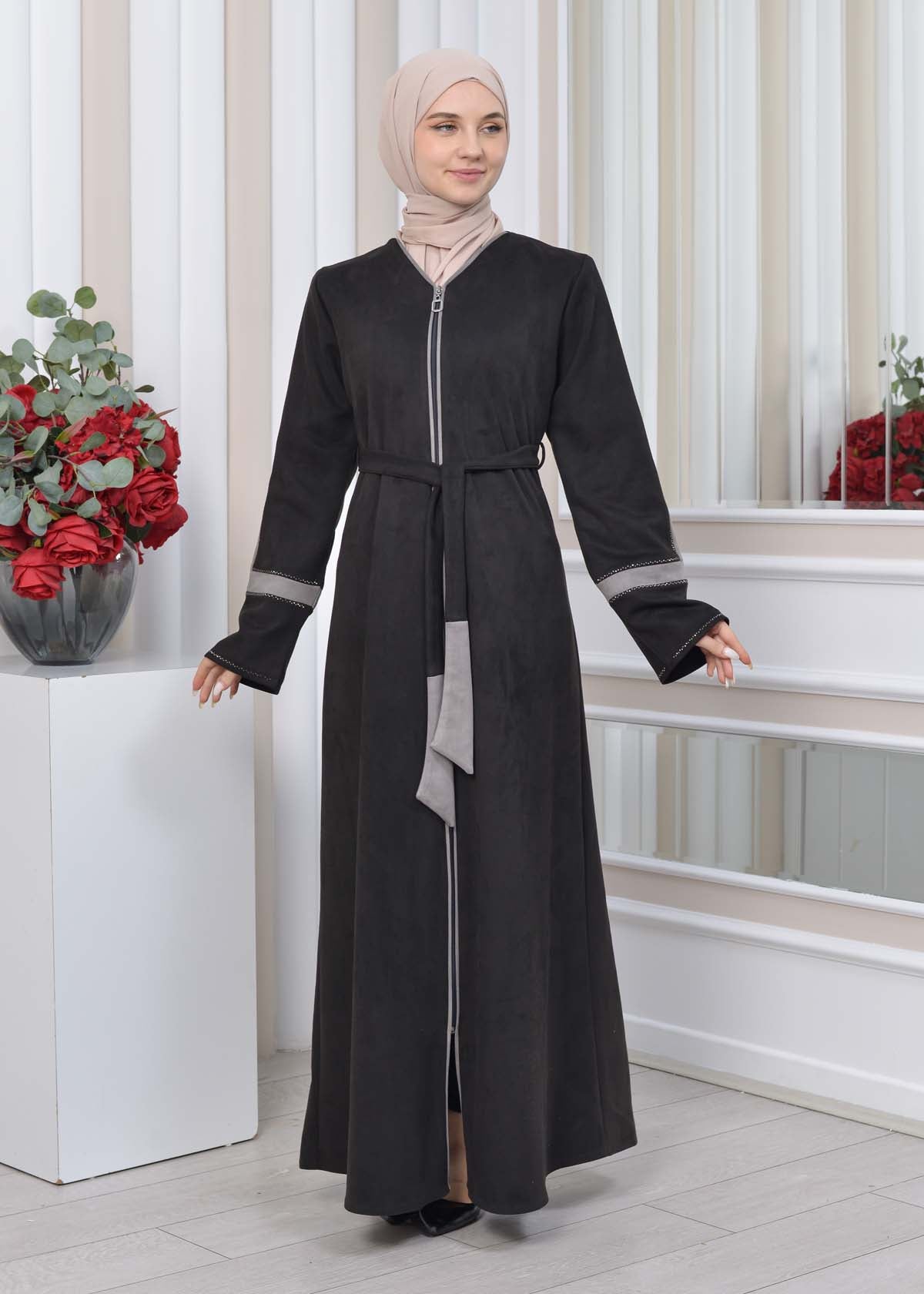 Elegante Wildleder-Abaya mit Reißverschluss 1352 - Grau