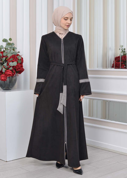 Elegante Wildleder-Abaya mit Reißverschluss 1352 - Grau