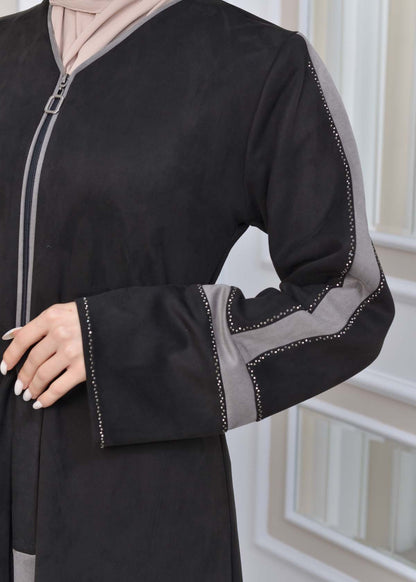 Elegante Wildleder-Abaya mit Reißverschluss 1352 - Grau