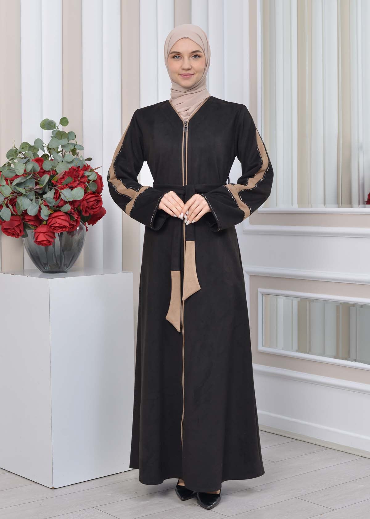 Elegante Wildleder-Abaya mit Reißverschluss 1352 - Beige