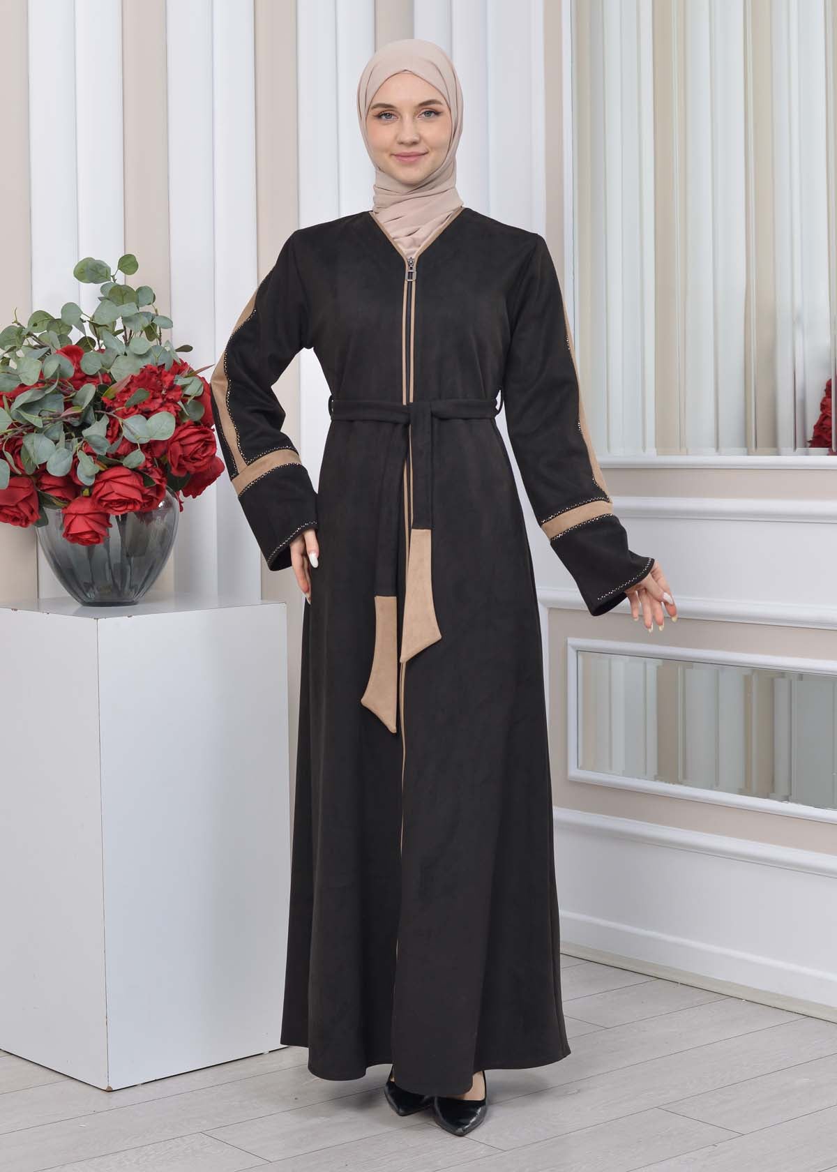 Elegante Wildleder-Abaya mit Reißverschluss 1352 - Beige