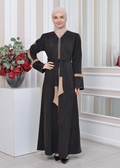 Elegante Wildleder-Abaya mit Reißverschluss 1352 - Beige