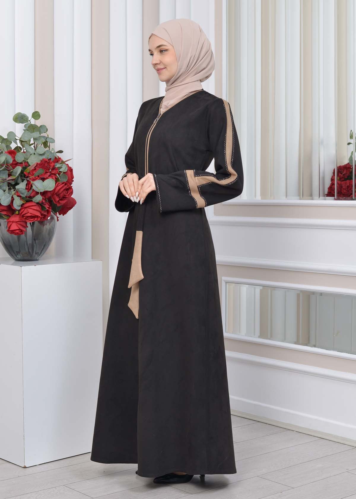 Elegante Wildleder-Abaya mit Reißverschluss 1352 - Beige