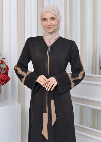 Elegante Wildleder-Abaya mit Reißverschluss 1352 - Beige