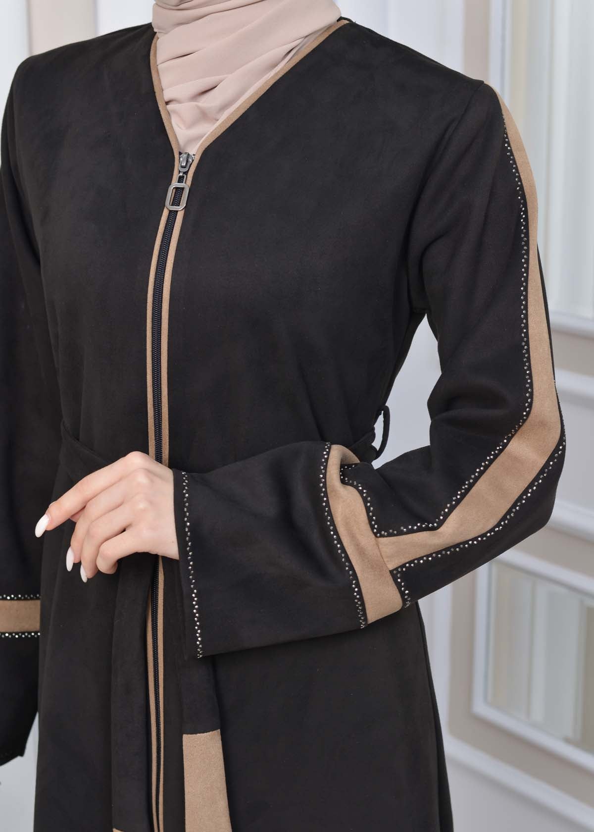 Elegante Wildleder-Abaya mit Reißverschluss 1352 - Beige