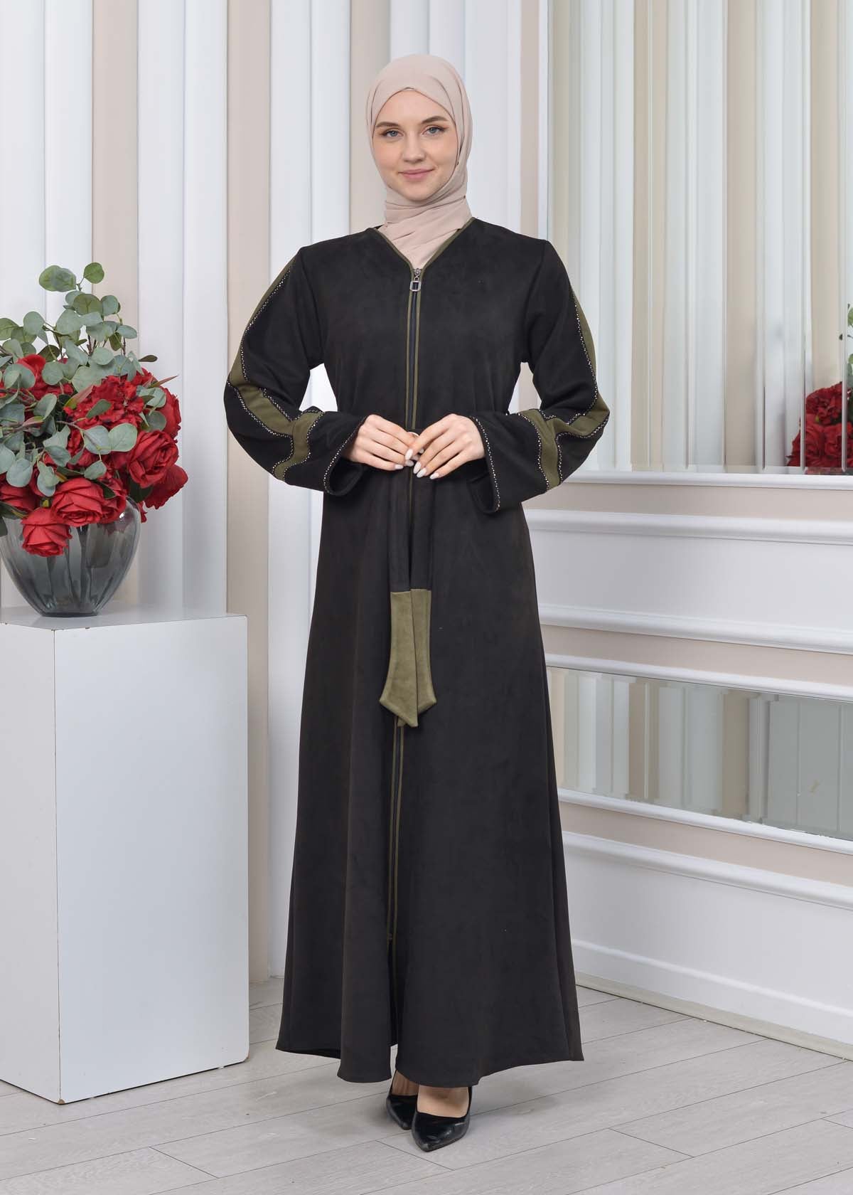 Elegante Wildleder-Abaya mit Reißverschluss 1352 - Khaki