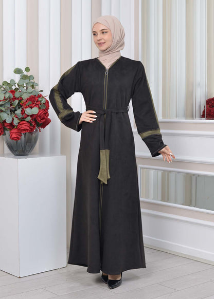 Elegante Wildleder-Abaya mit Reißverschluss 1352 - Khaki