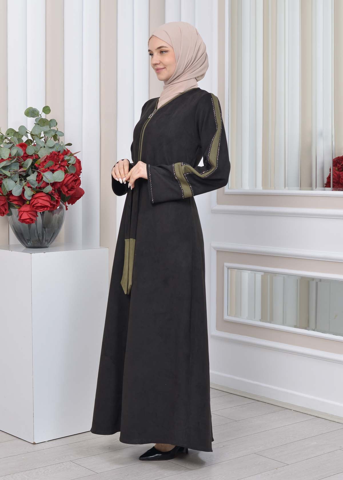 Elegante Wildleder-Abaya mit Reißverschluss 1352 - Khaki