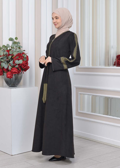 Elegante Wildleder-Abaya mit Reißverschluss 1352 - Khaki