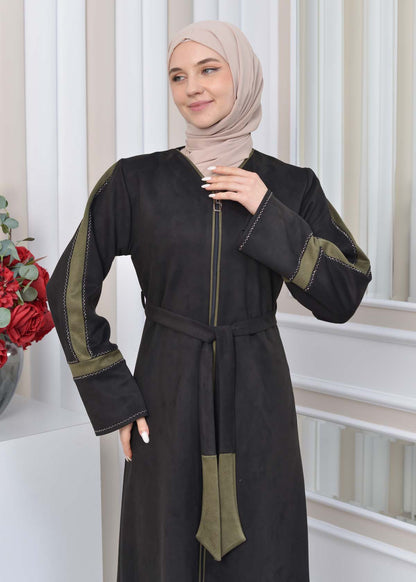 Elegante Wildleder-Abaya mit Reißverschluss 1352 - Khaki
