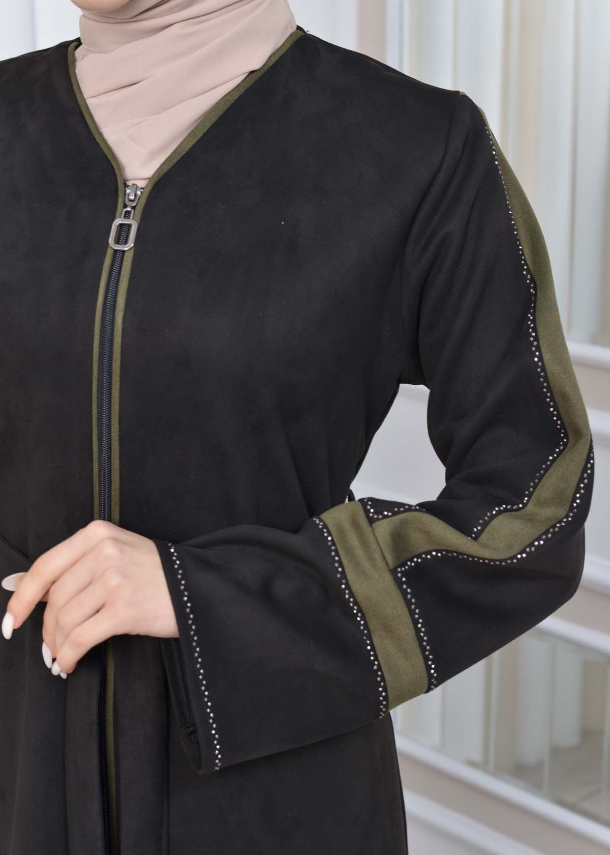 Elegante Wildleder-Abaya mit Reißverschluss 1352 - Khaki