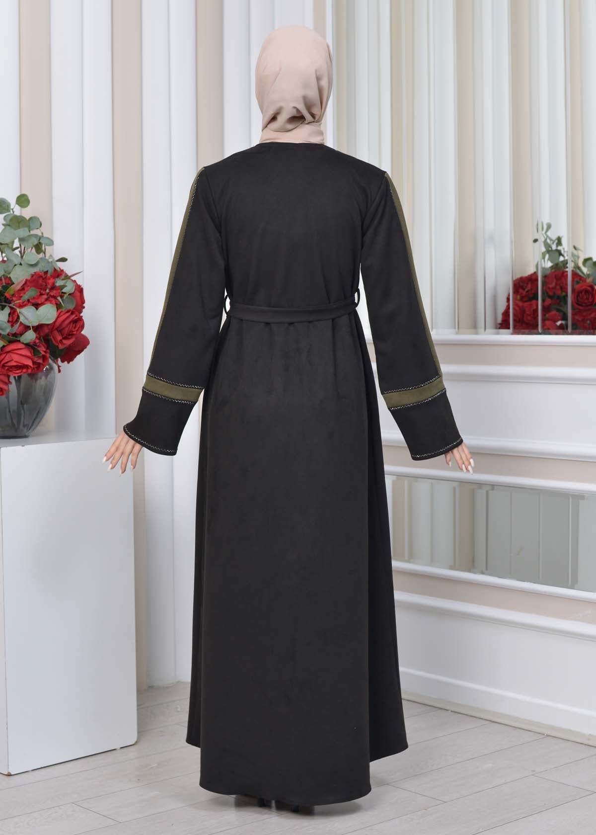 Elegante Wildleder-Abaya mit Reißverschluss 1352 - Khaki