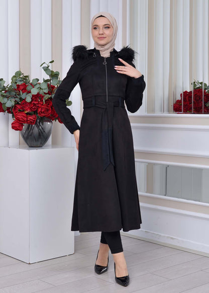 Langer Suede Trenchcoat mit Fellfutter am Rücken 1339 - Schwarz