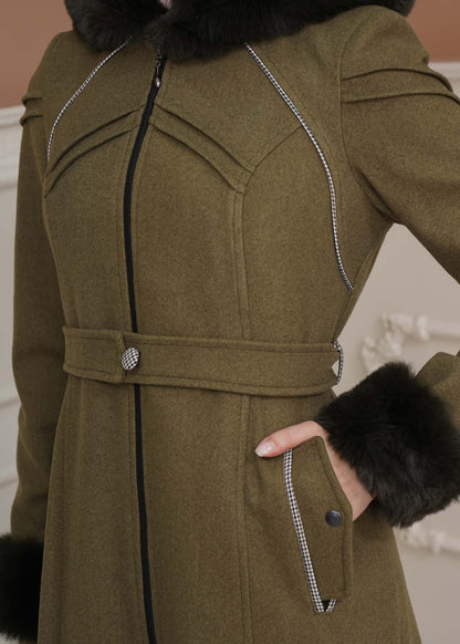 Langer Wollmantel mit Pelzkapuze und Pelzärmeln 1356 - Khaki