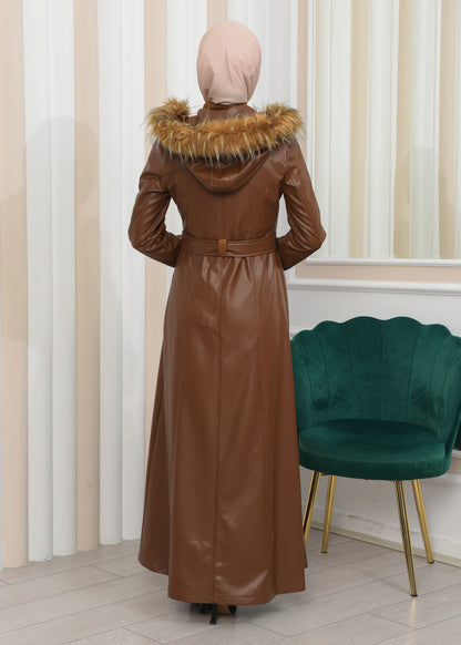 Edler Ledermantel mit Wildleder-Details und abnehmbarer Kapuze 1338 - Cognac