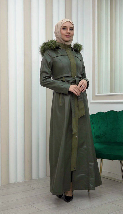 Edler Ledermantel mit Wildleder-Details und abnehmbarer Kapuze 1338 - Khaki