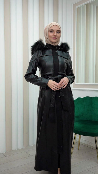 Edler Ledermantel mit Wildleder-Details und abnehmbarer Kapuze 1338 - Schwarz