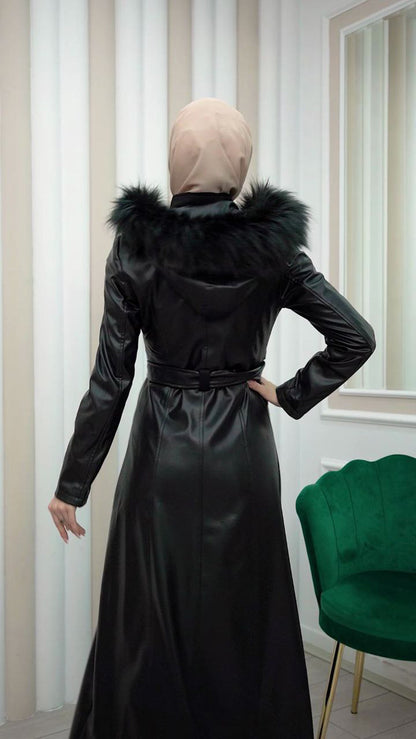 Edler Ledermantel mit Wildleder-Details und abnehmbarer Kapuze 1338 - Schwarz