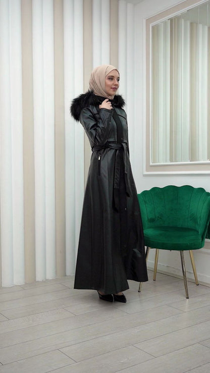 Edler Ledermantel mit Wildleder-Details und abnehmbarer Kapuze 1338 - Schwarz