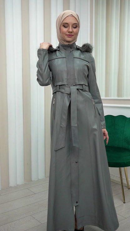 Edler Ledermantel mit Wildleder-Details und abnehmbarer Kapuze 1338 - Grau