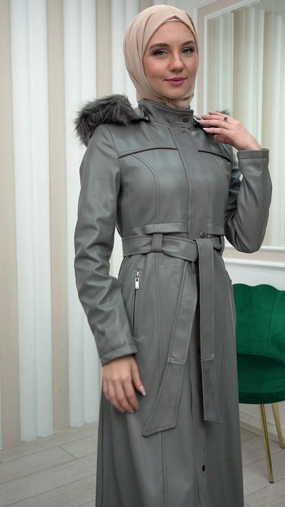 Edler Ledermantel mit Wildleder-Details und abnehmbarer Kapuze 1338 - Grau