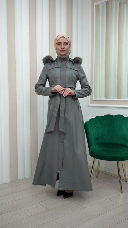 Edler Ledermantel mit Wildleder-Details und abnehmbarer Kapuze 1338 - Grau