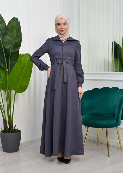 Gabardine-Mantel mit Kapuze und Plissee-Details 1206 - Anthrazit