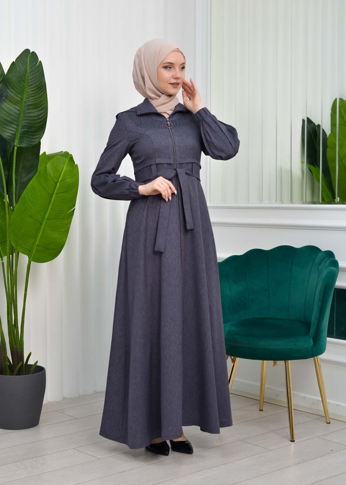 Gabardine-Mantel mit Kapuze und Plissee-Details 1206 - Anthrazit