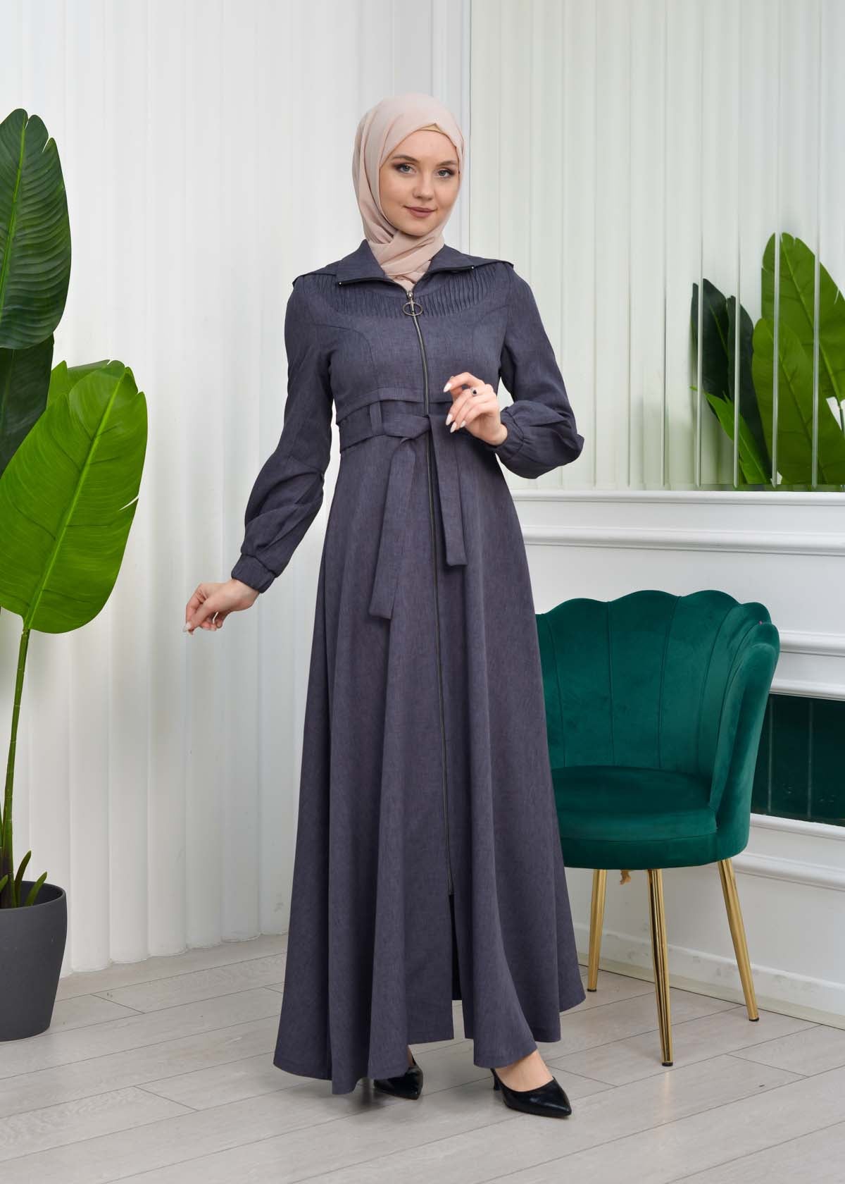 Gabardine-Mantel mit Kapuze und Plissee-Details 1206 - Anthrazit