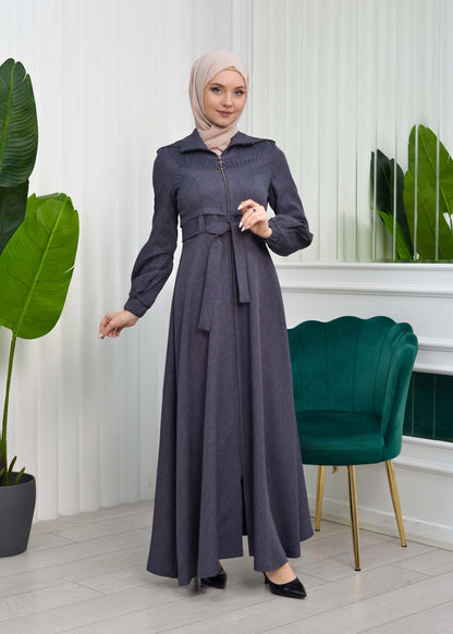 Gabardine-Mantel mit Kapuze und Plissee-Details 1206 - Anthrazit