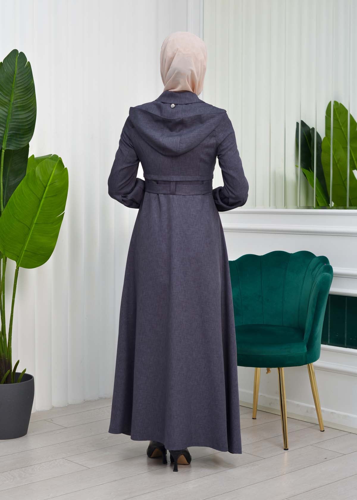 Gabardine-Mantel mit Kapuze und Plissee-Details 1206 - Anthrazit