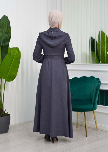 Gabardine-Mantel mit Kapuze und Plissee-Details 1206 - Anthrazit