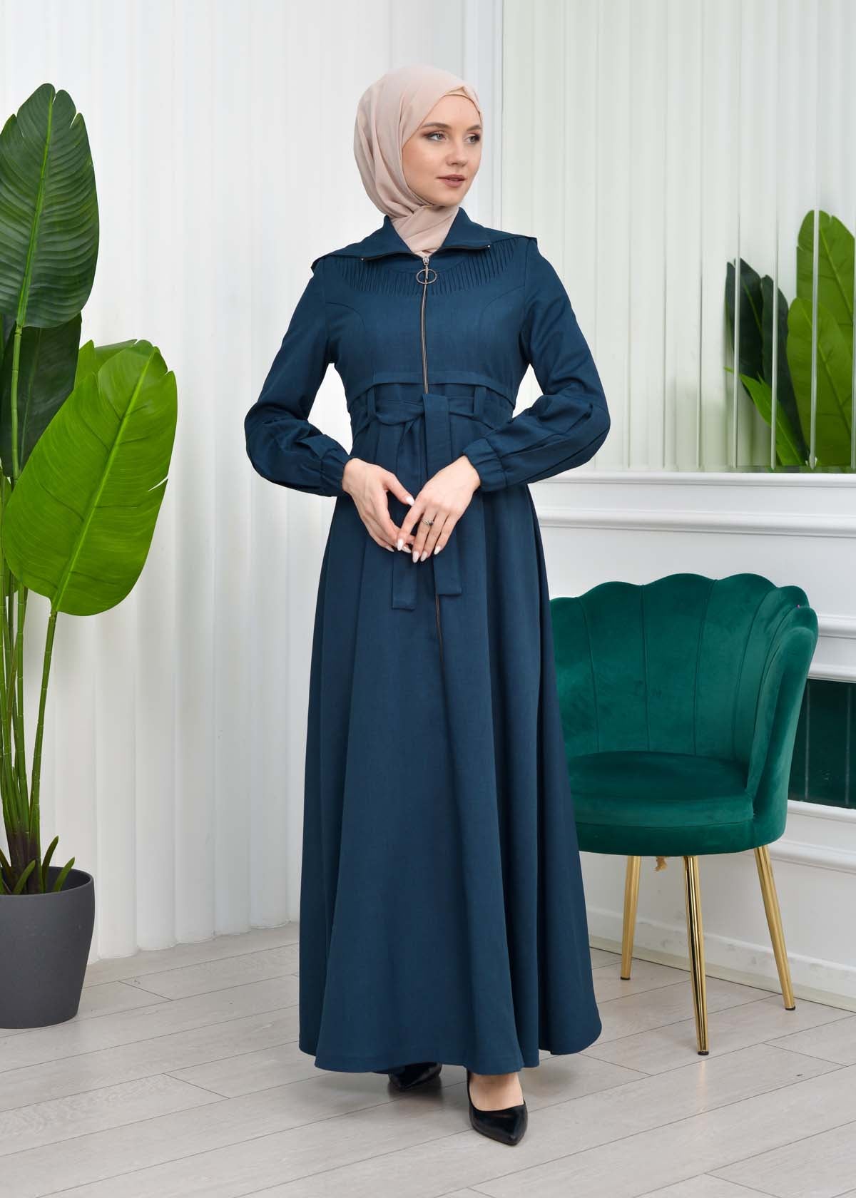 Gabardine-Mantel mit Kapuze und Plissee-Details 1206 - Khaki