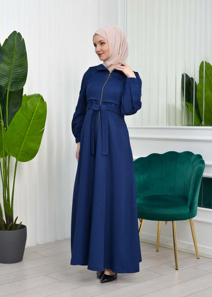 Gabardine-Mantel mit Kapuze und Plissee-Details 1206 - Dunkelblau