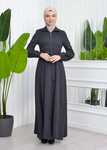 Gabardine-Mantel mit Kapuze und Plissee-Details 1206 - Dunkelgrau