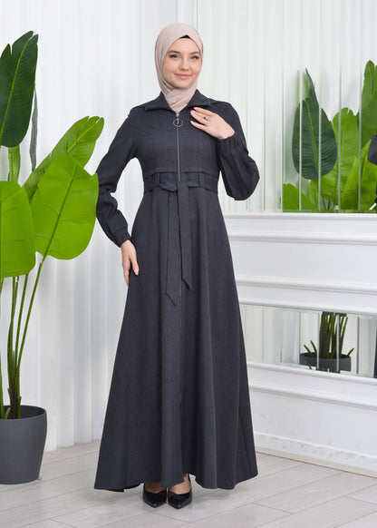 Gabardine-Mantel mit Kapuze und Plissee-Details 1206 - Dunkelgrau