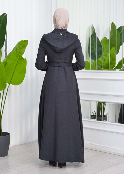 Gabardine-Mantel mit Kapuze und Plissee-Details 1206 - Dunkelgrau