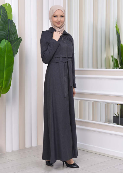 Gestreifter Gabardine-Damenmantel (Frühling/Sommer) mit Reißverschluss und Kapuze 1212 - Dunkelanthrazit