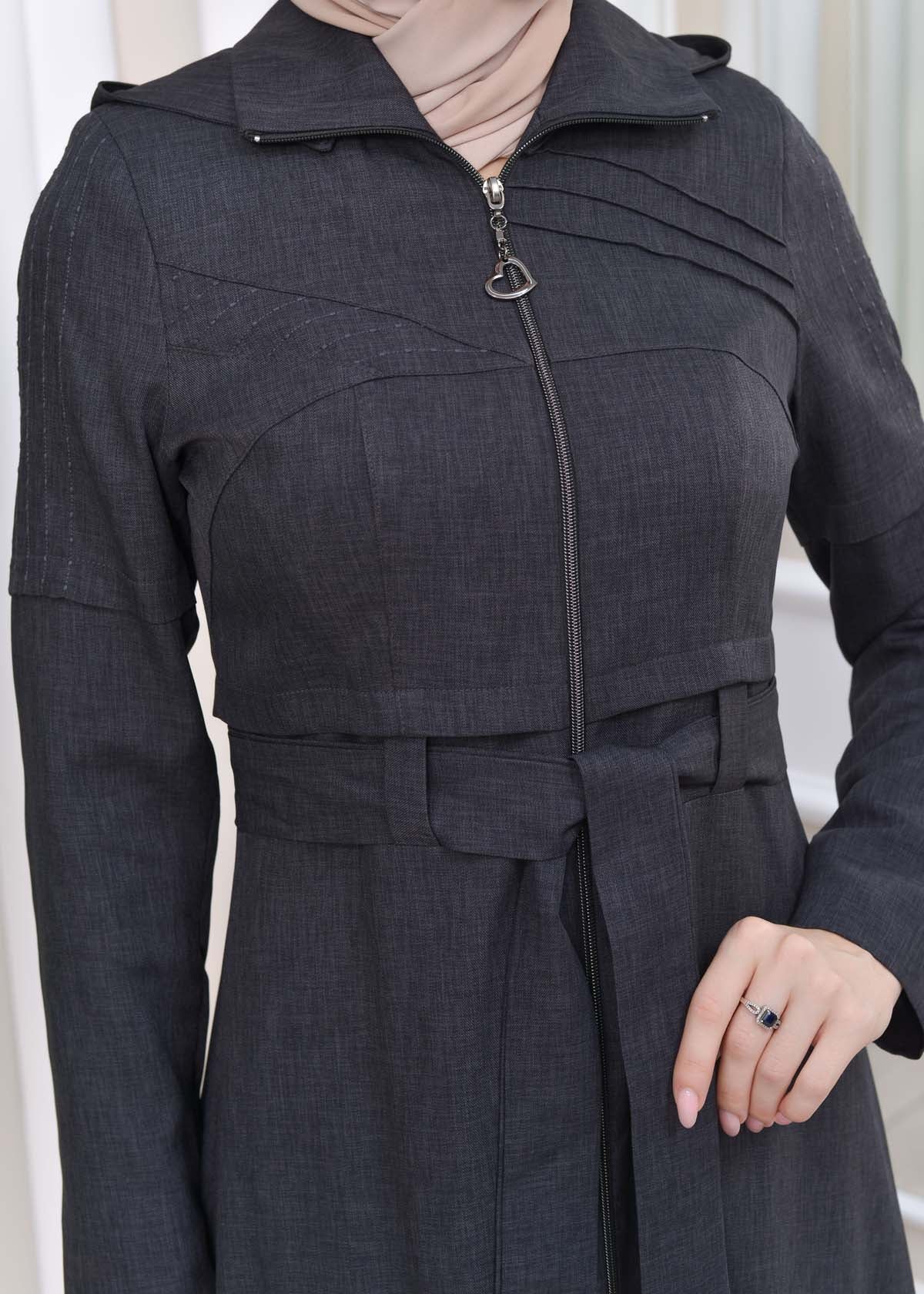 Gestreifter Gabardine-Damenmantel (Frühling/Sommer) mit Reißverschluss und Kapuze 1212 - Dunkelanthrazit