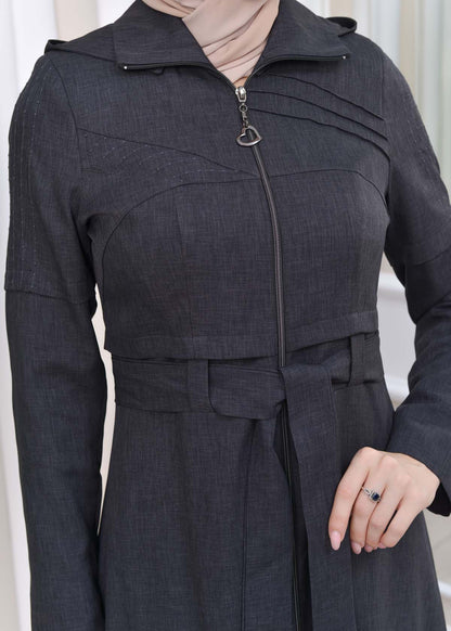 Gestreifter Gabardine-Damenmantel (Frühling/Sommer) mit Reißverschluss und Kapuze 1212 - Dunkelanthrazit