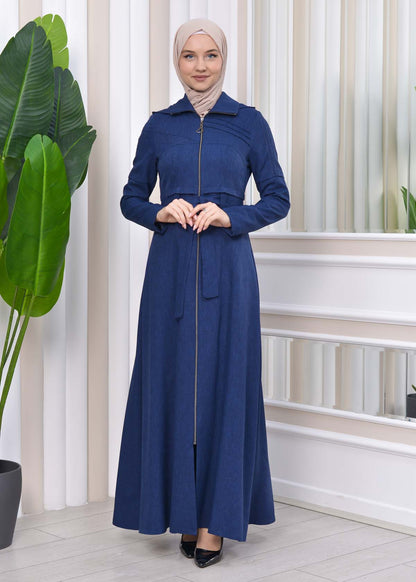 Gestreifter Gabardine-Damenmantel (Frühling/Sommer) mit Reißverschluss und Kapuze 1212 - Dunkelblau