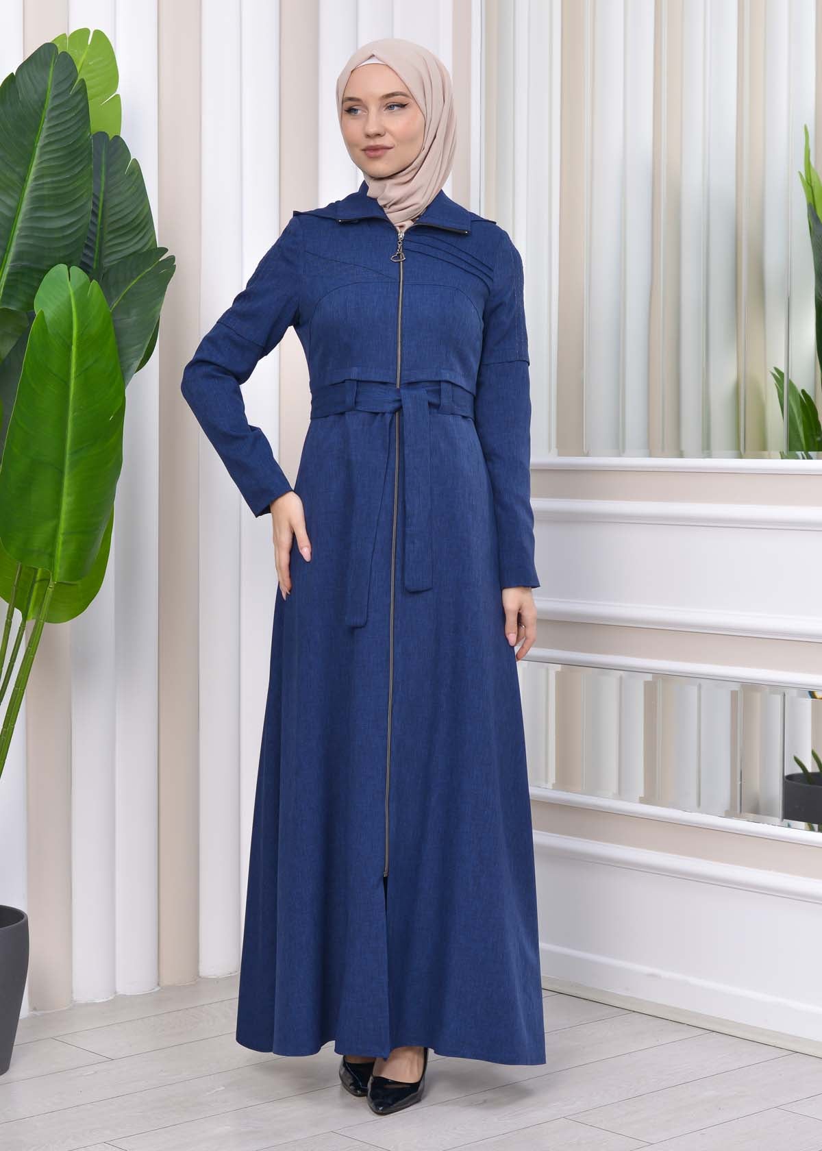 Gestreifter Gabardine-Damenmantel (Frühling/Sommer) mit Reißverschluss und Kapuze 1212 - Dunkelblau