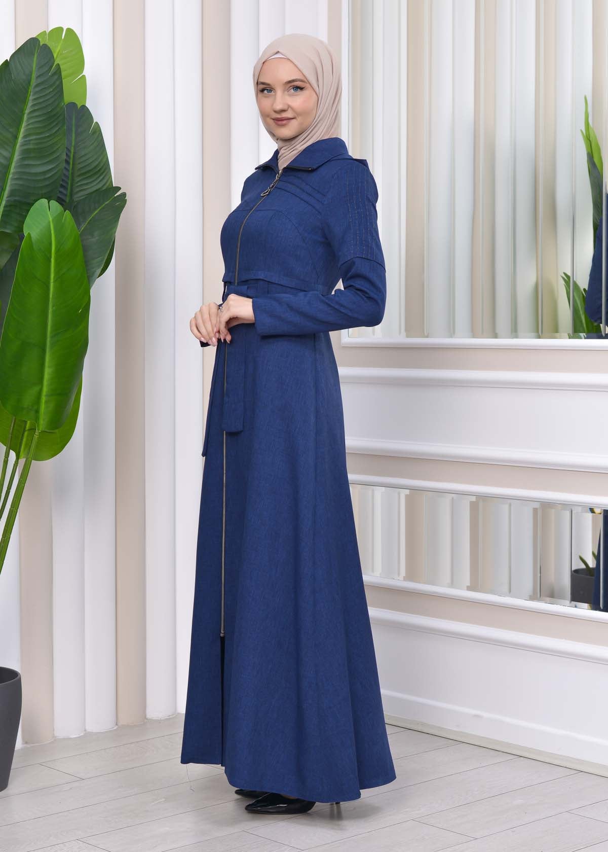 Gestreifter Gabardine-Damenmantel (Frühling/Sommer) mit Reißverschluss und Kapuze 1212 - Dunkelblau