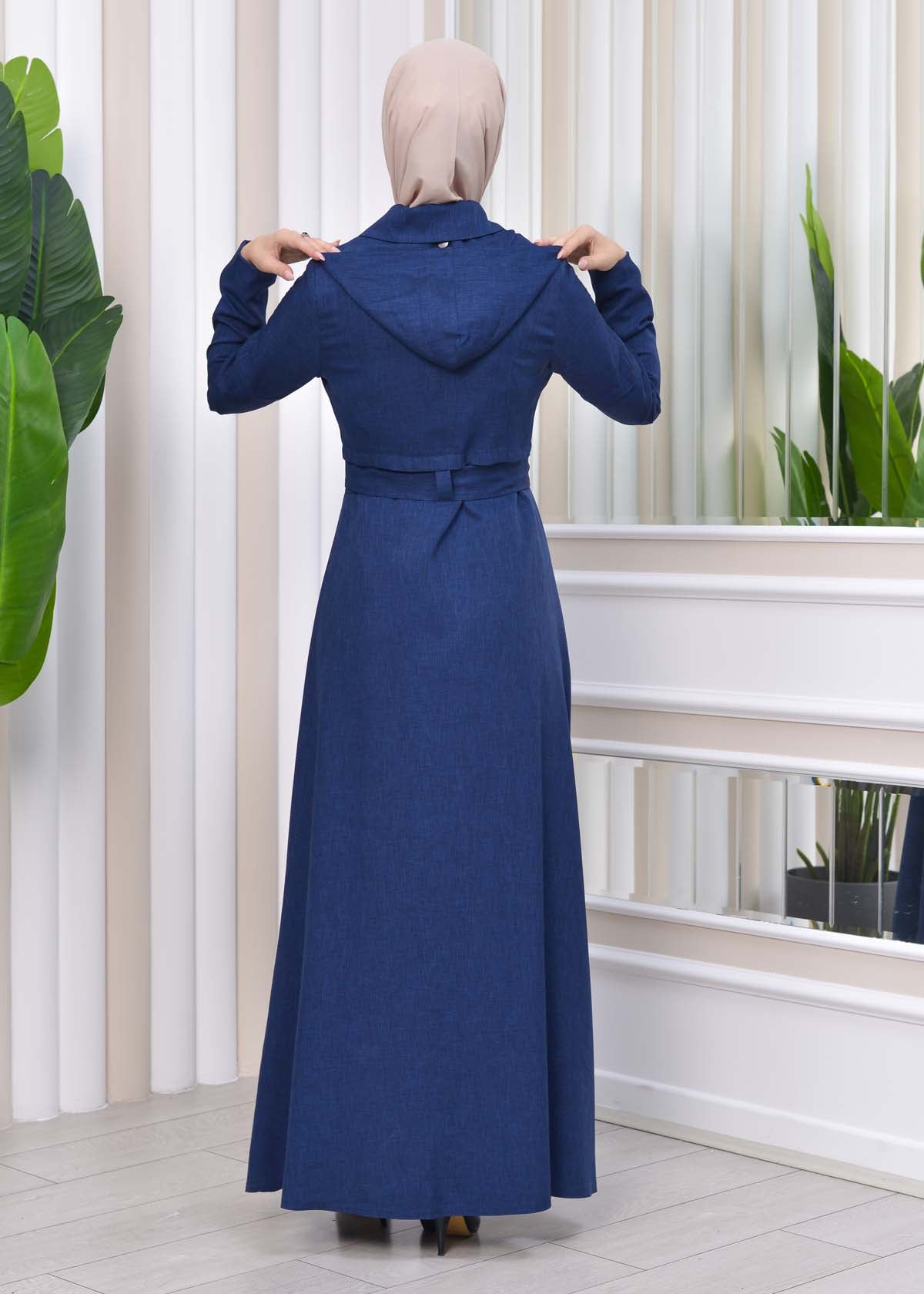 Gestreifter Gabardine-Damenmantel (Frühling/Sommer) mit Reißverschluss und Kapuze 1212 - Dunkelblau