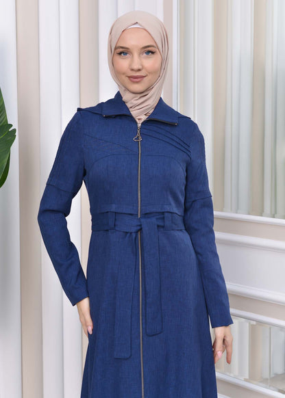 Gestreifter Gabardine-Damenmantel (Frühling/Sommer) mit Reißverschluss und Kapuze 1212 - Dunkelblau